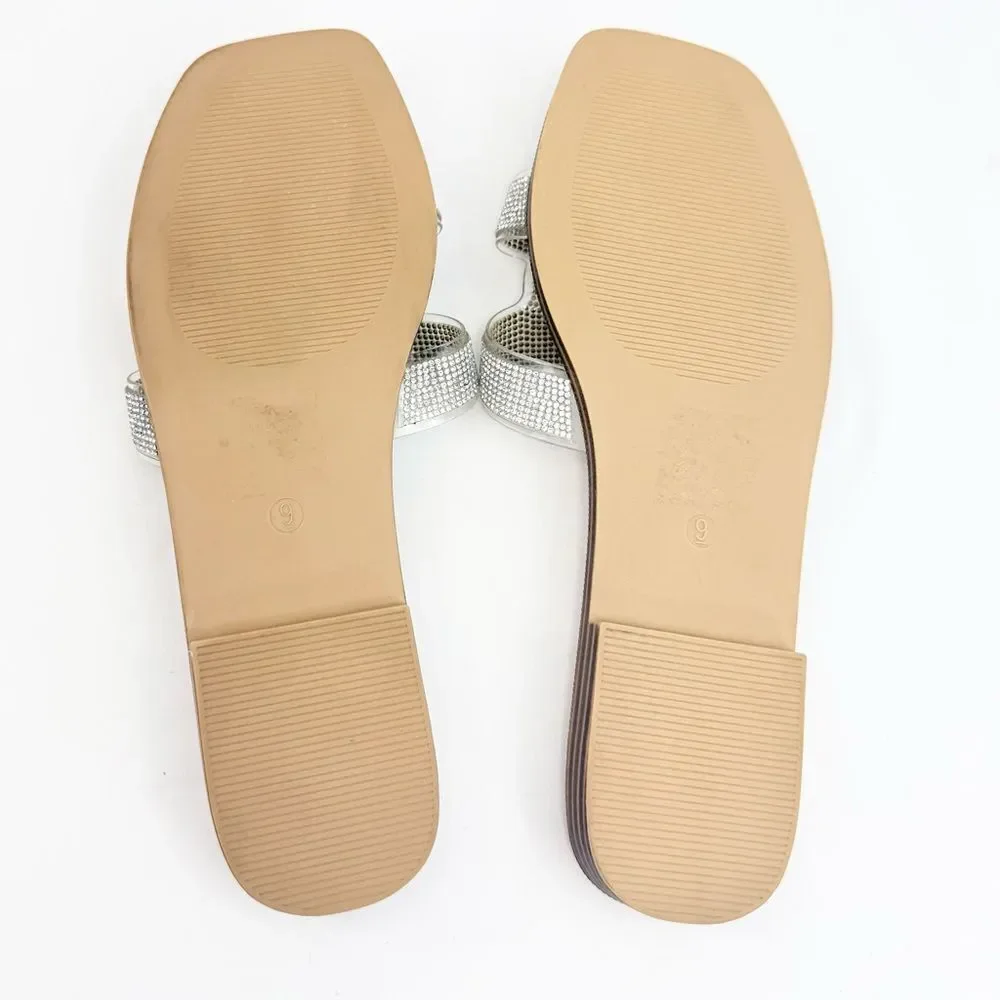 Madden Girl HAILEY Silver Rhinestone Sparkle H Strap Slip On Slide Sandals